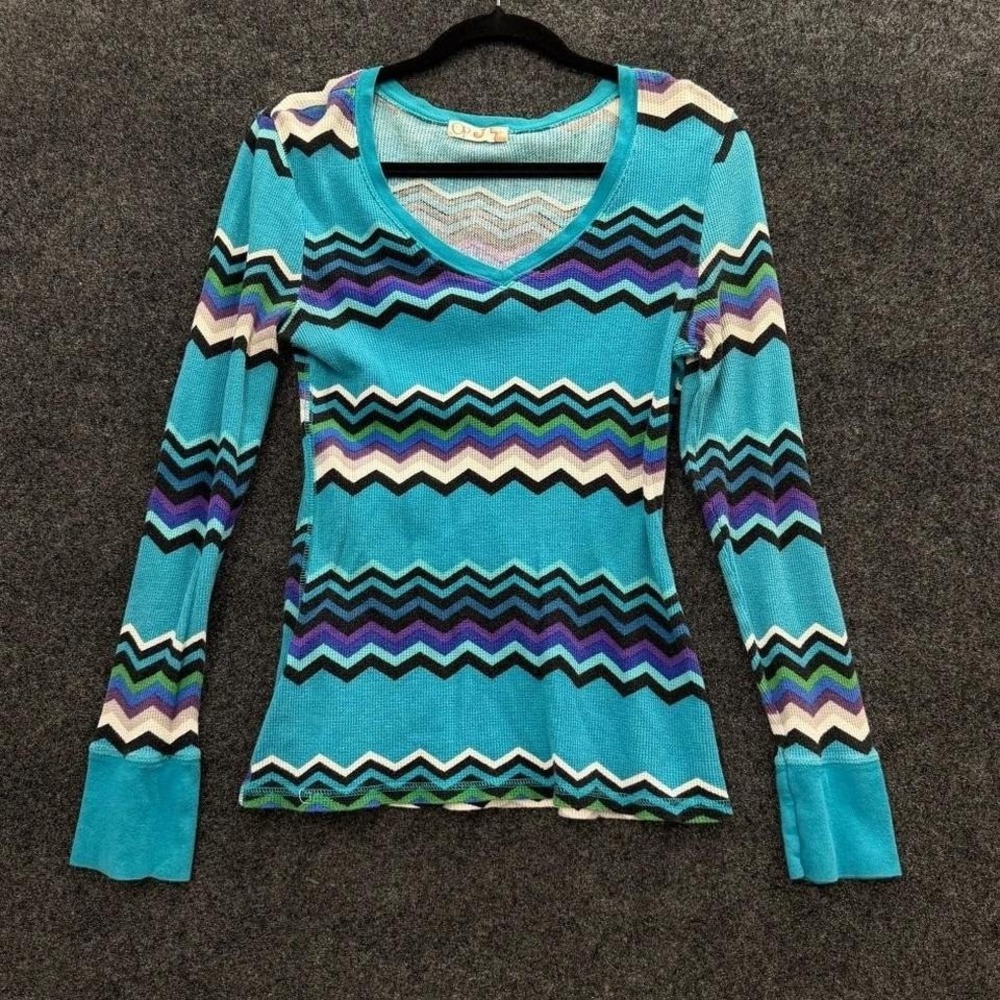 OP Zigzag Thermal Women's Turquoise Y2K Fitted V Neck Long Sleeve Top